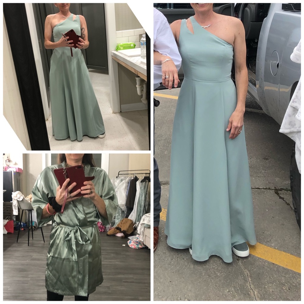 Dusty sage green bridesmaids, dress with pockets and robe.